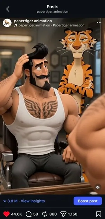 Barber Paper Tiger reel screenshot with views and engagement metrics