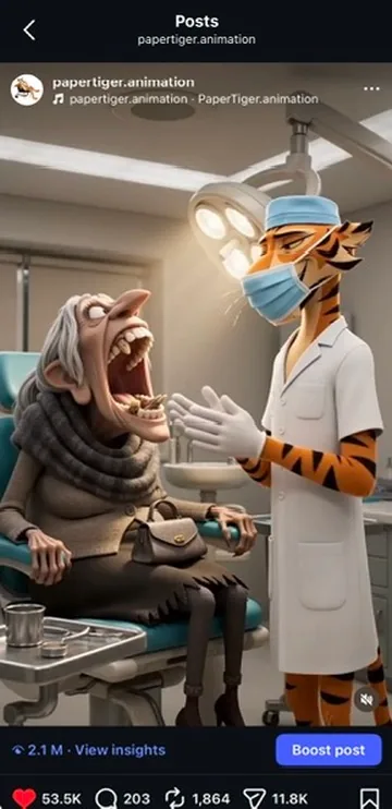 Dentist Paper Tiger reel screenshot with views and engagement metrics